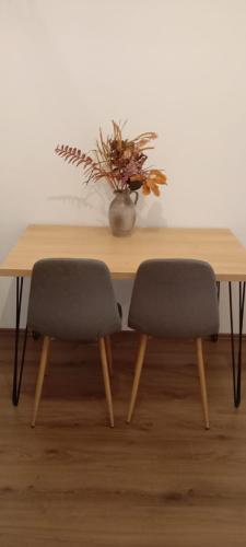 a wooden table with two chairs and a vase of flowers at ALEXiS in Modriča