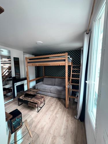 un salon avec un lit superposé et un canapé dans l'établissement Studio equipé, lumineux a Paris, à Paris