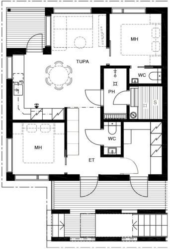 a black and white floor plan of a house at Levin Lyhty Bettina by Hilla Villas in Kittilä
