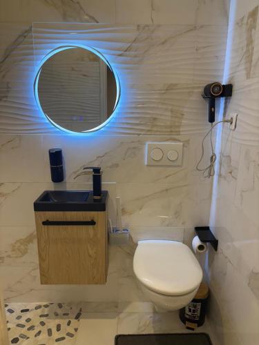 une salle de bain avec des toilettes blanches et un miroir dans l'établissement Lille Flandre, à Lille