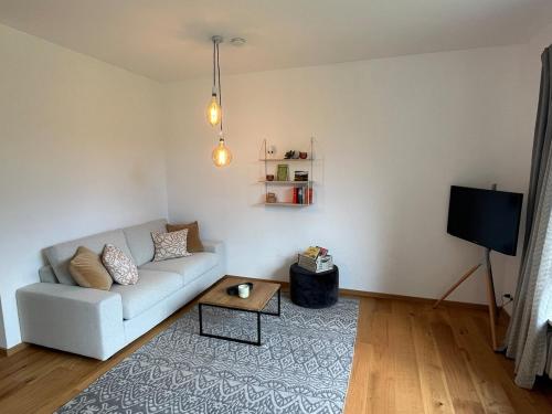 TV a/nebo společenská místnost v ubytování Idyllische Wohnung mit Bergblick nah am Simssee
