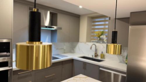 Una cocina con dos grandes luces colgando sobre un fregadero. en Luxury 2-Bedroom Designer Suite Richmond Hill Lake Wilcox, en Richmond Hill