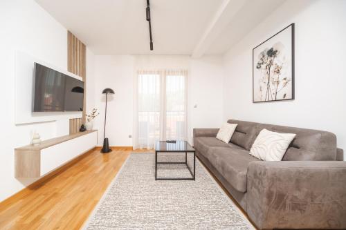 a living room with a couch and a tv at Autentica Apart in Cetinje