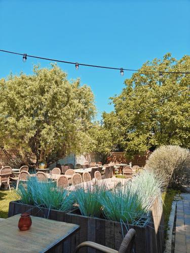 a patio with a table and chairs and trees at B&B Herenhuis1919 in Lo-Reninge