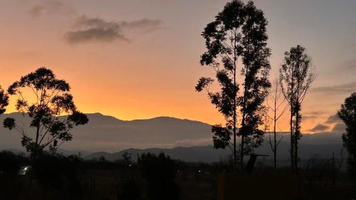 a sunset with trees and mountains in the background at Hostal Oasis del Refugio in Salta