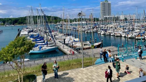 a group of people walking around a marina with boats at App 22 3-Zi Whg "Hafenblick" am Passathafen PVA022 in Travemünde
