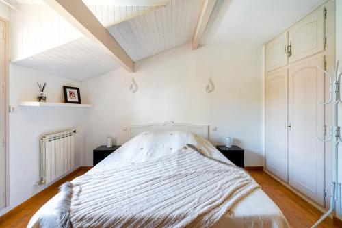 a white bedroom with a bed and a skylight at Les Chambres D'arrauntz in Ustaritz