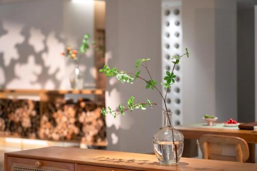 a vase with a plant in it on a table at Chongqing Xiannv Mount Peach Blossom Spring Homest in Wulong