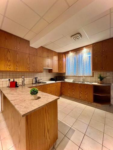 a large kitchen with wooden cabinets and a large island at Stou Stefani in Agros