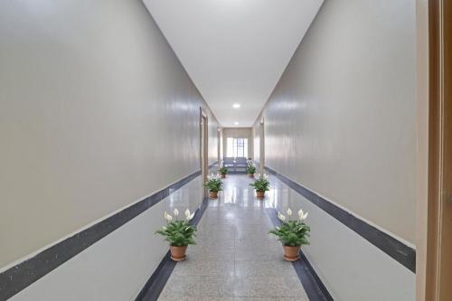 a hallway with potted plants in a building at Hotel O Padmini Near Lakdikapool Metro Station in Hyderabad