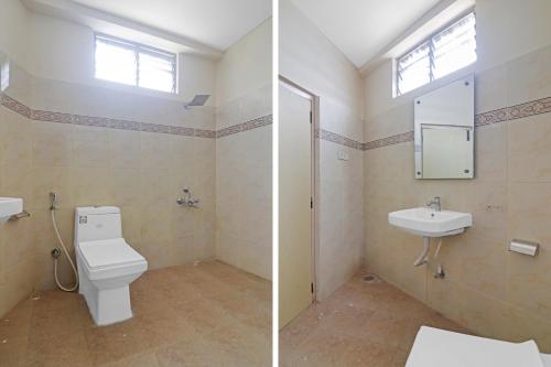 two pictures of a bathroom with a toilet and a sink at Hotel O Padmini Near Lakdikapool Metro Station in Hyderabad