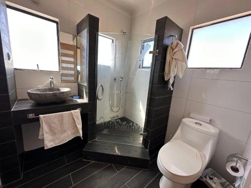 Un baño con ducha, inodoro y lavabo. en Dpto en Condominio bahía de rosas - Algarrobo, en Algarrobo
