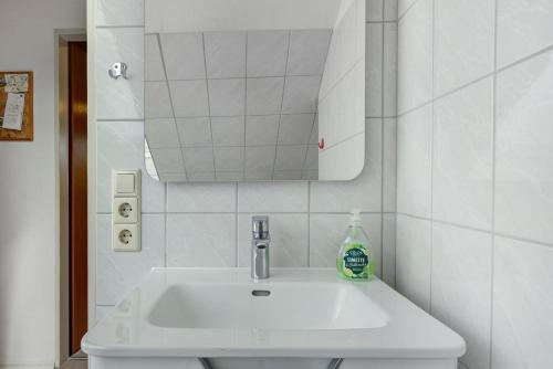 a bathroom sink with a bottle of soap on it at Ferienwohnung Veronika Heilbock in Sankt Peter