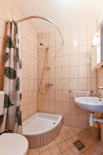 a bathroom with a shower and a tub and a sink at House Vukovic in Grabovac