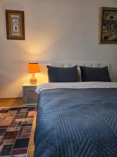 1 dormitorio con 1 cama con manta azul y lámpara en Prishtina Central Apartment, en Pristina