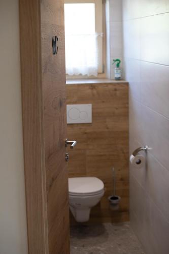 a bathroom with a toilet and a window at Gästehaus Fuchs in Gröbming