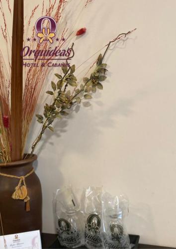 a table with a vase with flowers in it at Orquideas Hotel & Cabañas in Puerto Iguazú