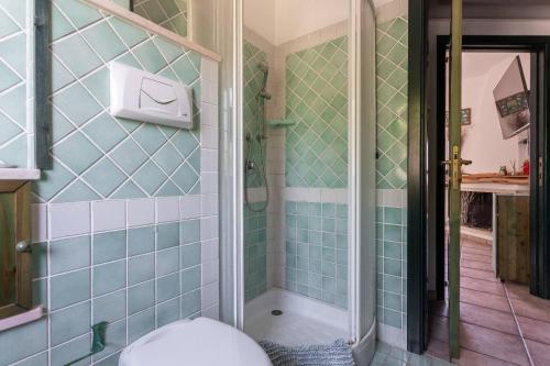 un bagno con doccia con piastrelle blu di Casa Fenicottero - Pet Friendly - Funtana Meiga a Funtana Meiga