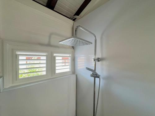 a shower in a bathroom with a window at Villa Ti Sable - Escale entre mer et nature in Saint-Pierre