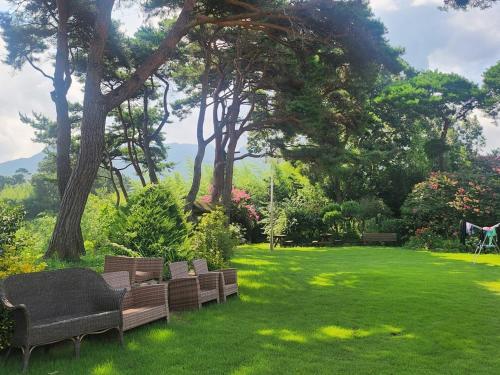 a green yard with two couches sitting in the grass at Unyujae Hanok Pension in Yeongam