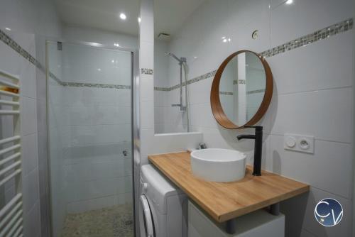 une salle de bain avec un lavabo, un miroir et une douche dans l'établissement Magnifique Appartement avec Extérieur, à Bagnols-sur-Cèze