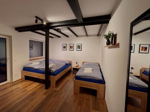 a bedroom with two twin beds and a mirror at Chalet in the Slovak Paradise in Hnilčík