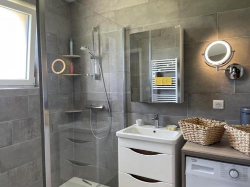 a bathroom with a shower and a sink and a mirror at Gîte champêtre rénové avec jardin et BBQ, proche parc Le PAL - FR-1-489-347 in Pierrefitte-sur-Loire