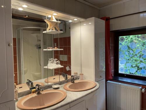 a bathroom with two sinks and a large mirror at Charme authentique et moderne dans une longère bourbonnaise - FR-1-489-397 in Hyds