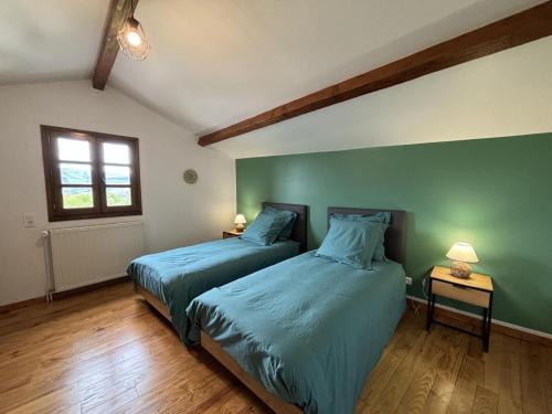 zwei Betten in einem Zimmer mit grünen Wänden in der Unterkunft Maison chaleureuse avec spa en montagne bourbonnaise - FR-1-489-534 in La Chabanne
