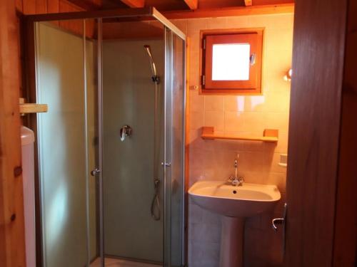 a bathroom with a shower and a sink at Chalets indépendants avec jardin et jeux d'enfants - FR-1-489-402 in Mesples