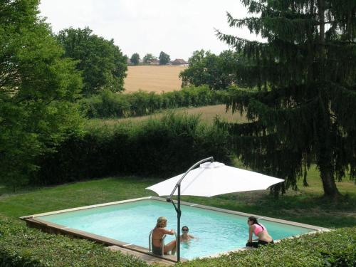 - un groupe de personnes dans une piscine avec un parasol dans l'établissement Maison rénovée 19è, piscine chauffée, sauna, spa, grand parc, proche de la nature spacieuse et tout confort. - FR-1-489-399, à Cérilly