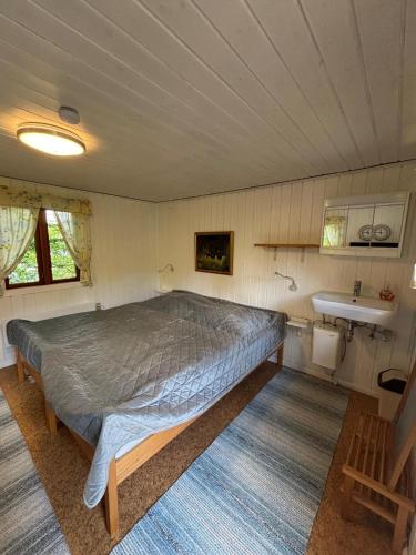 a bedroom with a bed and a sink at Ferienhaus am See 