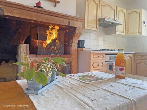 - une cuisine avec une table et une cheminée dans l'établissement Gîte authentique au cœur du Perche, 18ème siècle, cheminée, jardin clos, animaux acceptés, WIFI inclus. - FR-1-497-49, à Pervenchères