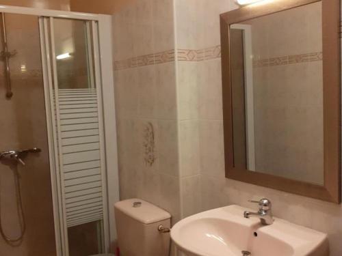 a bathroom with a toilet and a sink and a mirror at Maison avec piscine chauffée privée, proche Lascaux et Dordogne, idéale famille et détente - FR-1-616-123 in Auriac-du-Périgord