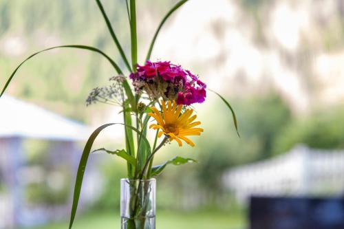 a vase filled with flowers sitting on a table at Hotel Brunello in Ortisei