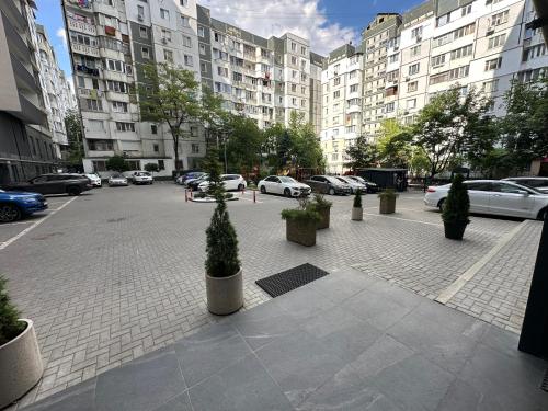 a courtyard with potted plants on a city street at Good Apartament in Chişinău