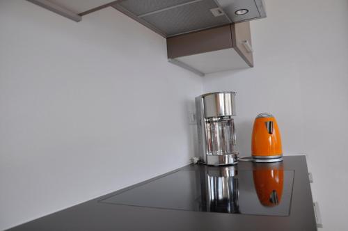 an orange juicer sitting on top of a kitchen counter at Alpenchalet Apartments in Parcines