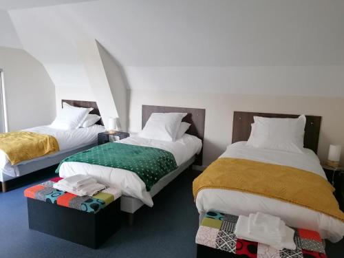 a bedroom with two beds withskirts at Gîte historique rénové avec jardin et WiFi - FR-1-489-571 in Theneuille