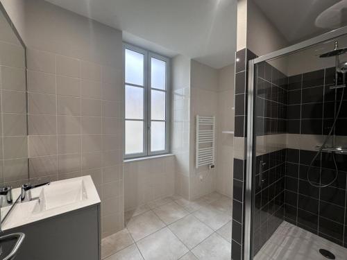 a bathroom with a shower and a sink and a glass shower stall at Gîte historique rénové avec jardin et WiFi - FR-1-489-571 in Theneuille