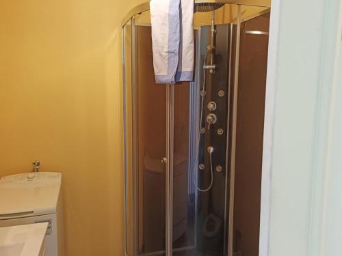 ein Badezimmer mit Dusche mit Glastür in der Unterkunft Gîte familial à la ferme avec activités nature - FR-1-489-454 in La Chabanne