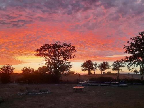 a sunset with a bench in a field with trees at Refuge familial avec piscine, aire de jeux et confort moderne à Blomard - FR-1-489-465 in Blomard