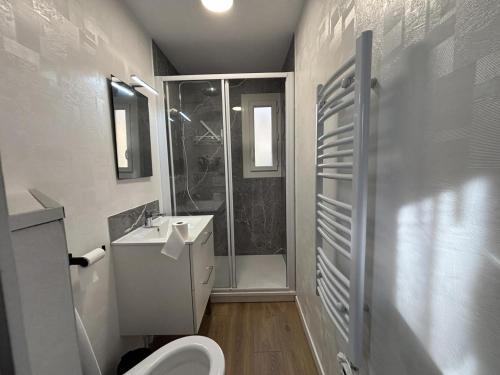 a bathroom with a shower and a toilet and a sink at Chalet paisible avec jardin et wifi à Jenzat - FR-1-489-564 in Jenzat