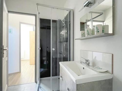 a bathroom with a sink and a shower and a mirror at Maison rénovée avec WIFI et animaux admis, près de la Suisse Normande - FR-1-497-242 in Saint-Pierre-du-Regard