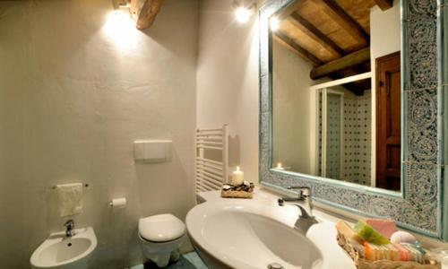a bathroom with a sink and a toilet and a mirror at Traditional Apartment In The Heart Of Umbria in Poggio Aquilone