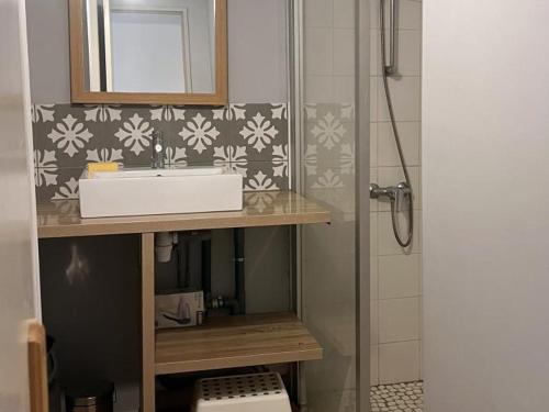 a bathroom with a sink and a mirror at Gîte charmeur avec piscine, Wi-Fi & animaux admis - FR-1-496-143 in Saint-André-dʼApchon