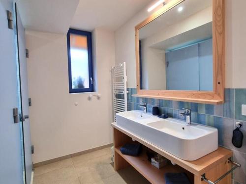 une salle de bain avec un lavabo et un miroir dans l'établissement Gîte écologique de charme au Cergne, idéal famille et randonneurs - FR-1-496-351, à Le Cergne