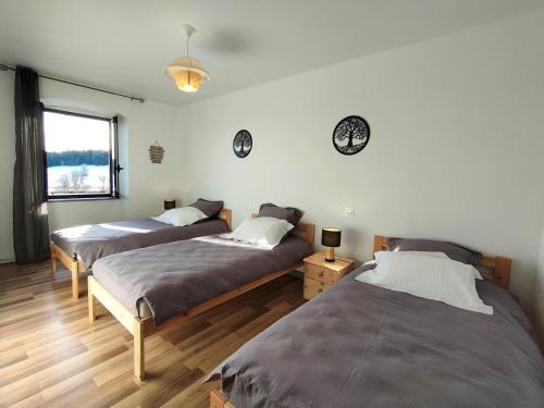 una camera da letto con due letti e una finestra di Gîte en pierre rénové avec jardin et WiFi à Chalmazel-Jeansagnière - FR-1-496-253 a Chalmazel Jeansagniere
