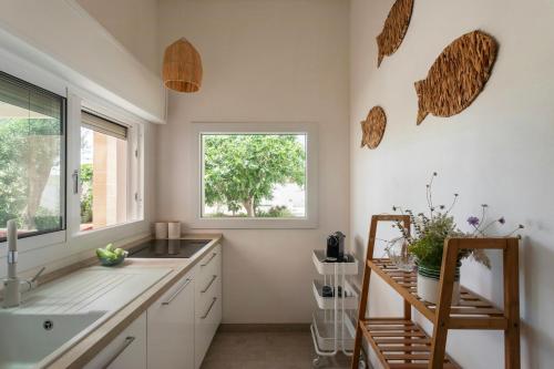 サン・ピエトロ・イン・ベヴァーニャにあるVilla With Saltwater Pool In Manduria Vineyardsのシンクと窓のあるキッチン