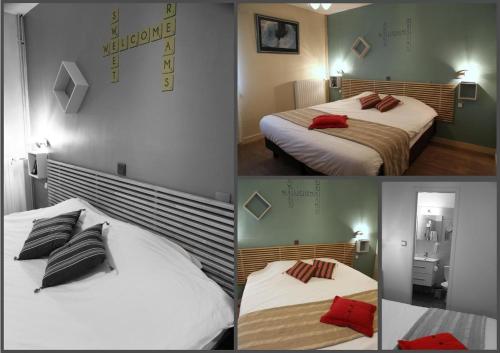 four pictures of a hotel room with two beds at Au Fil des Saisons in Luçon