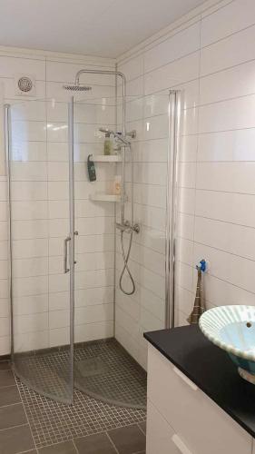 a bathroom with a shower and a sink at Cabin In The Archipelago On The Island Kinn in Tansøy